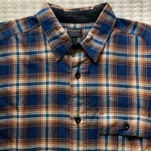 CC Filson Long Sleeve Button Up Shirt Mens Medium Blue Orange Plaid 100% Cotton